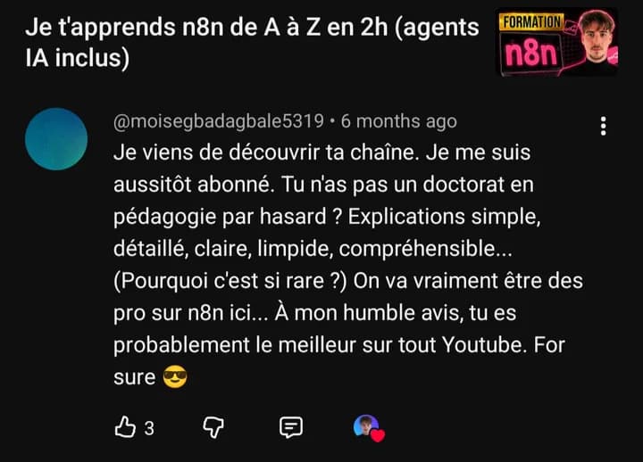 Commentaire YouTube de @moisegbadagbale5319 : « Tu n'as pas un doctorat en pédagogie par hasard ? Explications simple, détaillé, claire, limpide, compréhensible... »