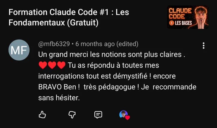 Commentaire YouTube de @mfb6329 : « Tu as répondu à toutes mes interrogations tout est démystifié ! Je recommande sans hésiter. »