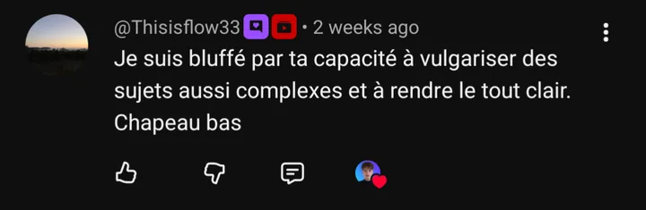 Commentaire YouTube de @Thisisflow33 : « Je suis bluffé par ta capacité à vulgariser des sujets aussi complexes et à rendre le tout clair. Chapeau bas »